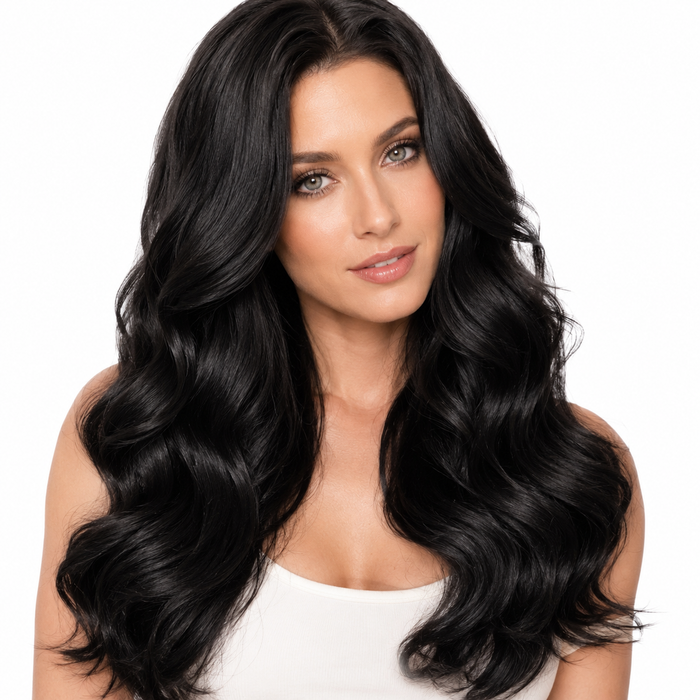 Body wave hair extensions in natural black, arranged to show soft movement, even color, and a consistent root-to-tip pattern.