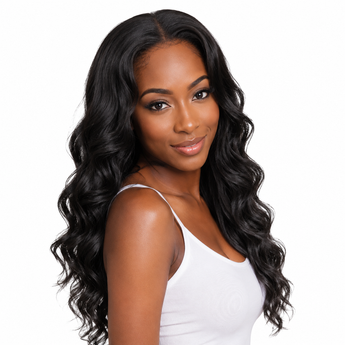 Natural black human hair bundles with body wave definition, thick ends, and a smooth finish for fuller-looking modern styles.