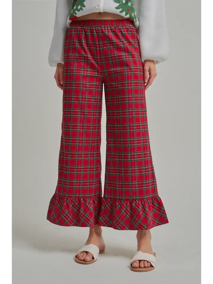 BON Christmas Plaid Casual Wide Leg Pants