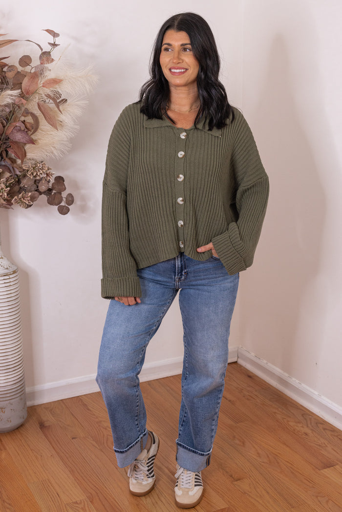 Women's olive button front sweater knit cardigan with a collar by She & Sky showing full front view