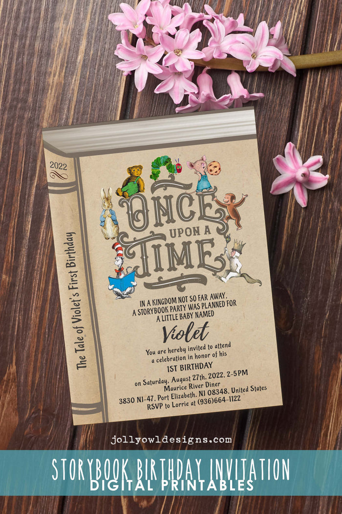 Book Themed Birthday Party Invitation - Once Upon A Time - Jolly Owl Designs