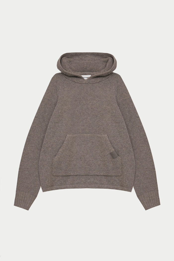 BOUCLE KNIT HOODIE - BROWN