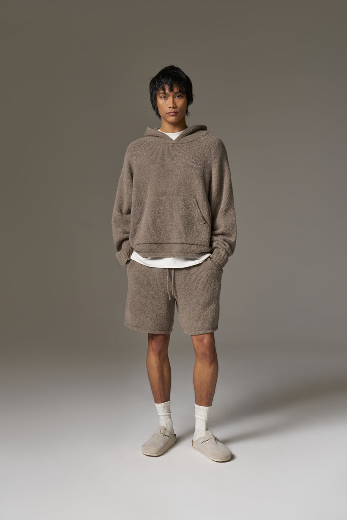 BOUCLE KNIT HOODIE - BROWN