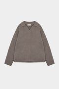 BOUCLE KNIT LONG SLEEVE POLO - BROWN