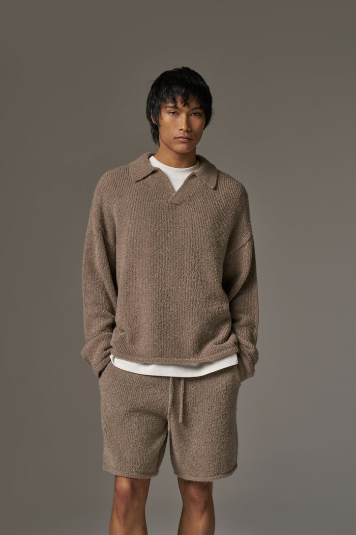 BOUCLE KNIT LONG SLEEVE POLO - BROWN