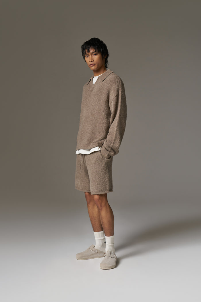 BOUCLE KNIT LONG SLEEVE POLO - BROWN