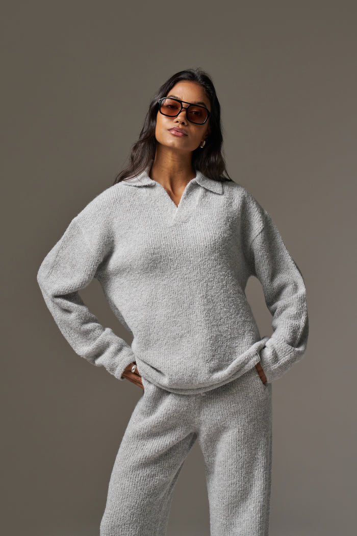 BOUCLE KNIT LONG SLEEVE POLO - GREY MARL