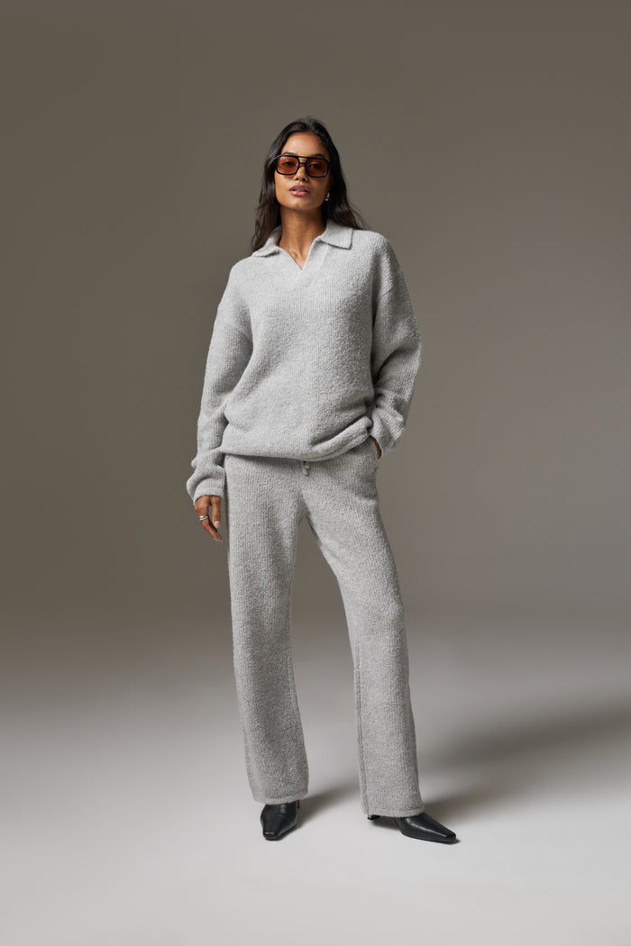 BOUCLE KNIT LONG SLEEVE POLO - GREY MARL