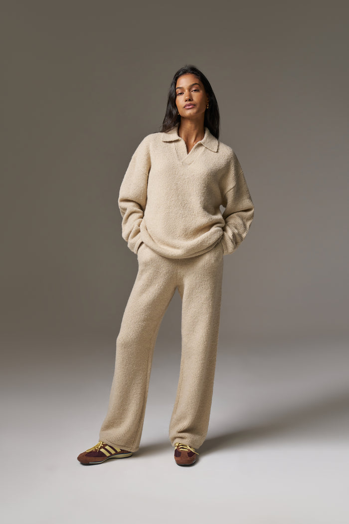 BOUCLE KNIT LONG SLEEVE POLO - STONE