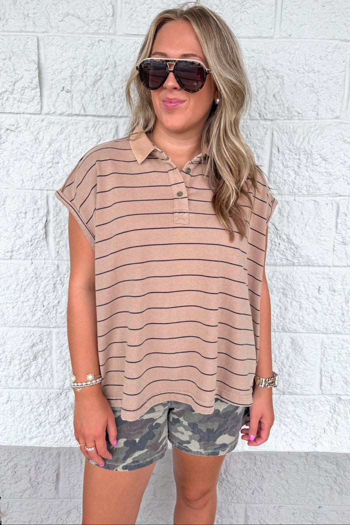 mineral washed caramel and black striped cap sleeve polo style top
