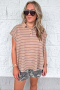 mineral washed caramel and black striped cap sleeve polo style top