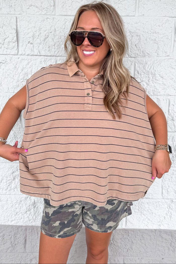 mineral washed caramel and black striped cap sleeve relaxed silhouette polo style top