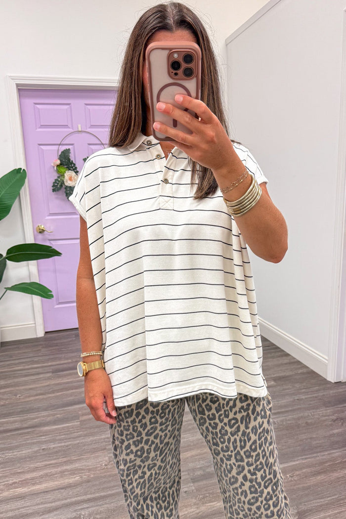 mineral washed ivory and black striped cap sleeve polo style top