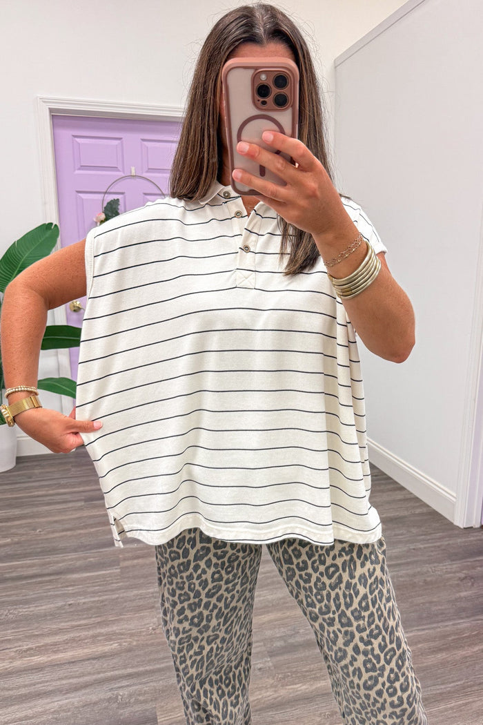 mineral washed ivory and black striped cap sleeve relaxed silhouette polo style top
