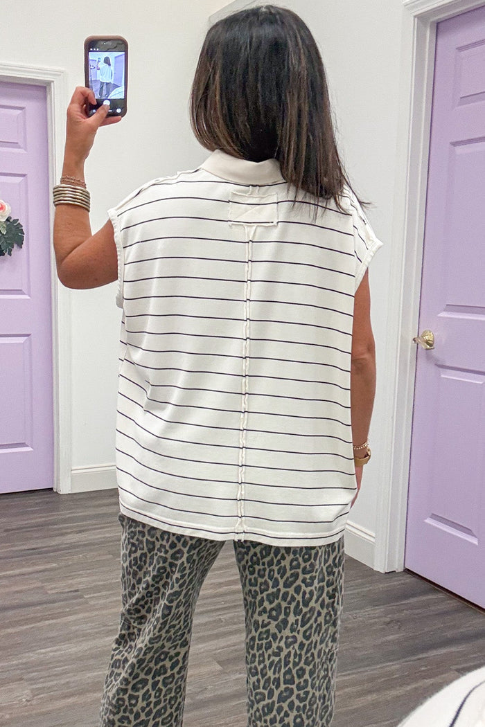 mineral washed ivory and black striped cap sleeve boxy fit polo style top