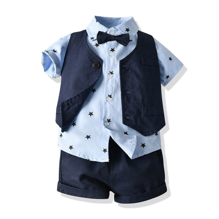 Boys Waistcoat Short Sleeve Shirt Set  Korean Fashion Kids Clothing