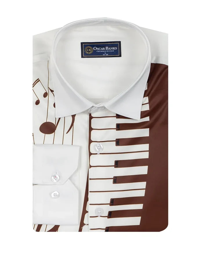 Brown Musical Print Satin Men`s Shirt-Makrom