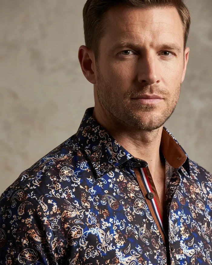 Brown Paisley Print Long Sleeve Men`s Shirt