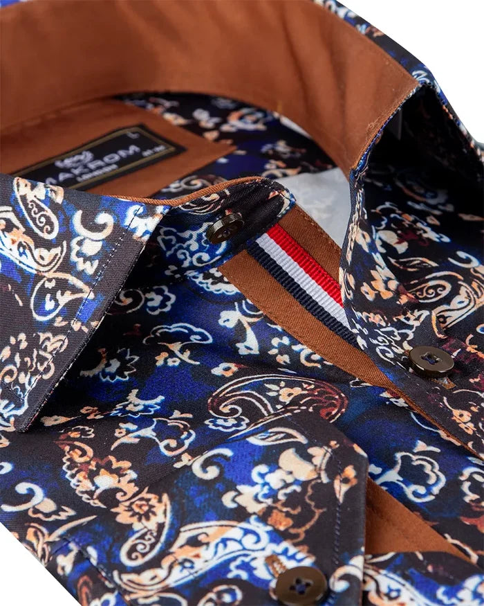Brown Paisley Print Long Sleeve Men`s Shirt-Makrom