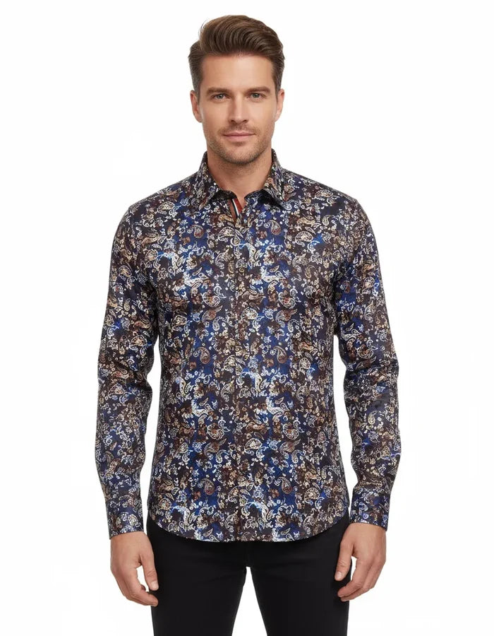 Brown Paisley Print Long Sleeve Men`s Shirt-Makrom
