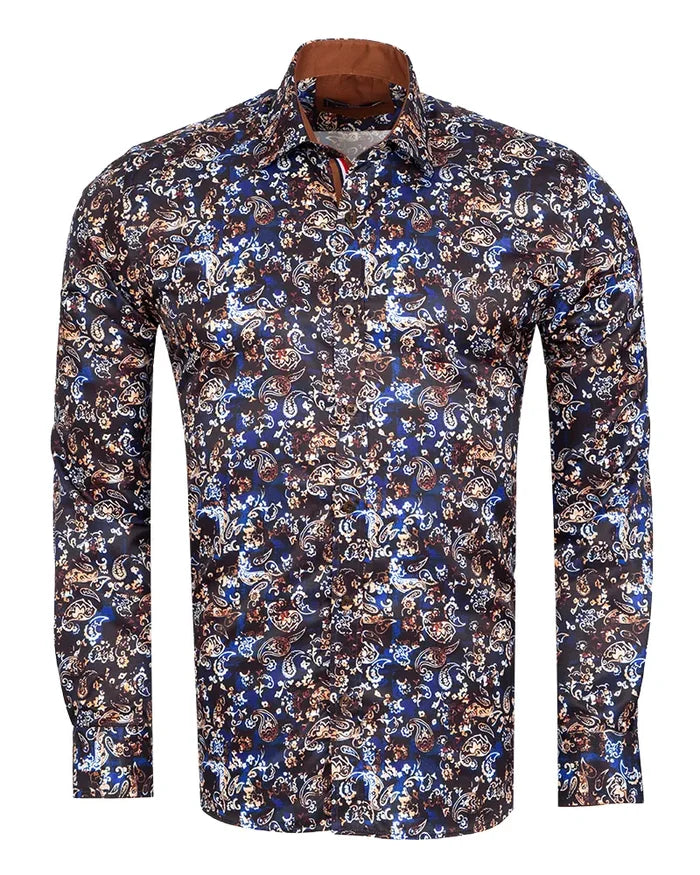 Brown Paisley Print Long Sleeve Men`s Shirt-Makrom