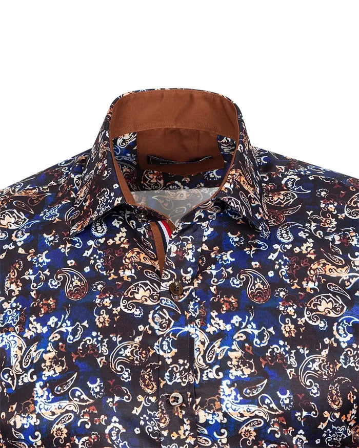 Brown Paisley Print Long Sleeve Men`s Shirt-Makrom