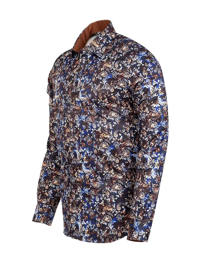 Brown Paisley Print Long Sleeve Men`s Shirt-Makrom