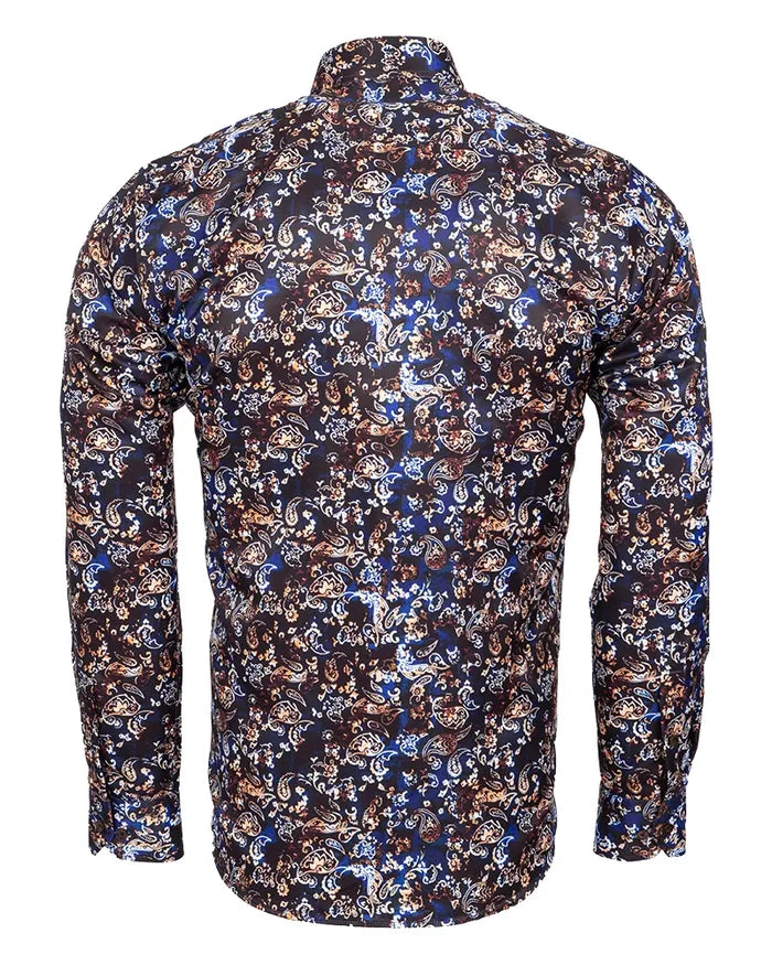 Brown Paisley Print Long Sleeve Men`s Shirt-Makrom
