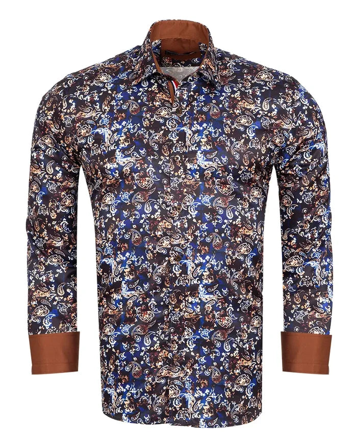 Brown Paisley Print Long Sleeve Men`s Shirt-Makrom