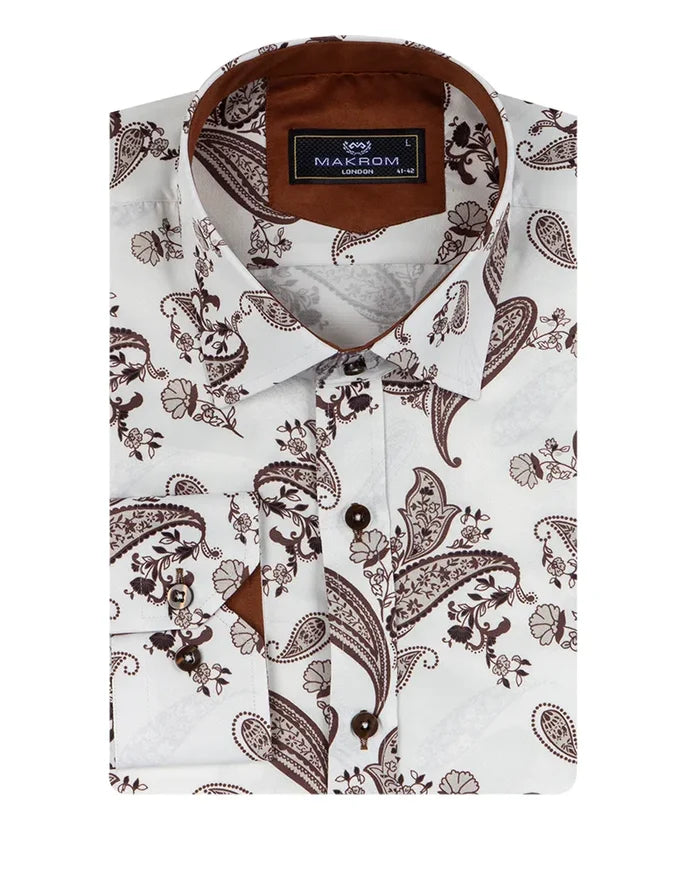Brown Paisley Print Long Sleeve Shirt-Makrom