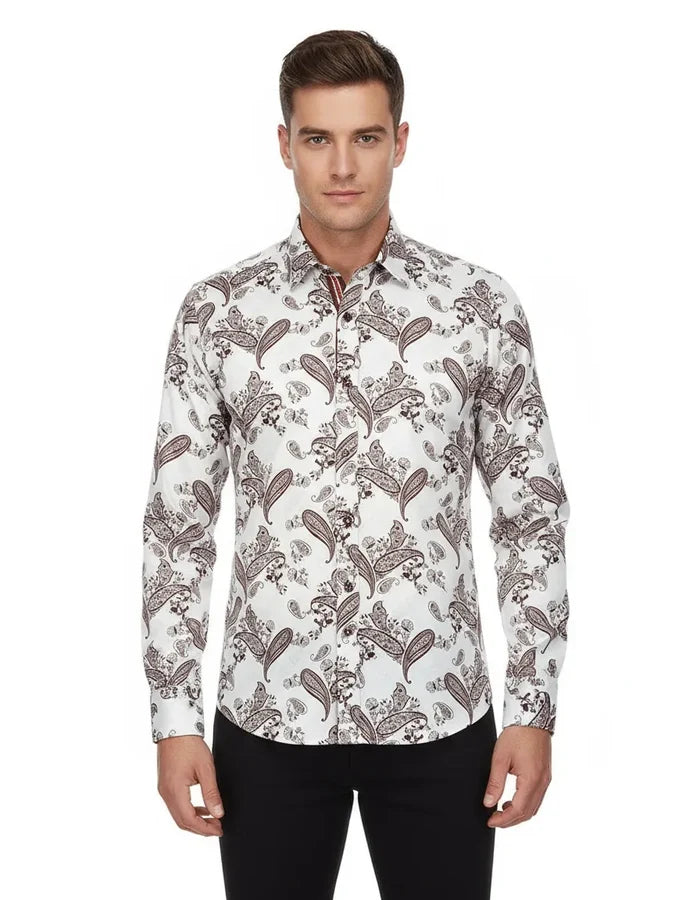 Brown Paisley Print Long Sleeve Shirt-Makrom
