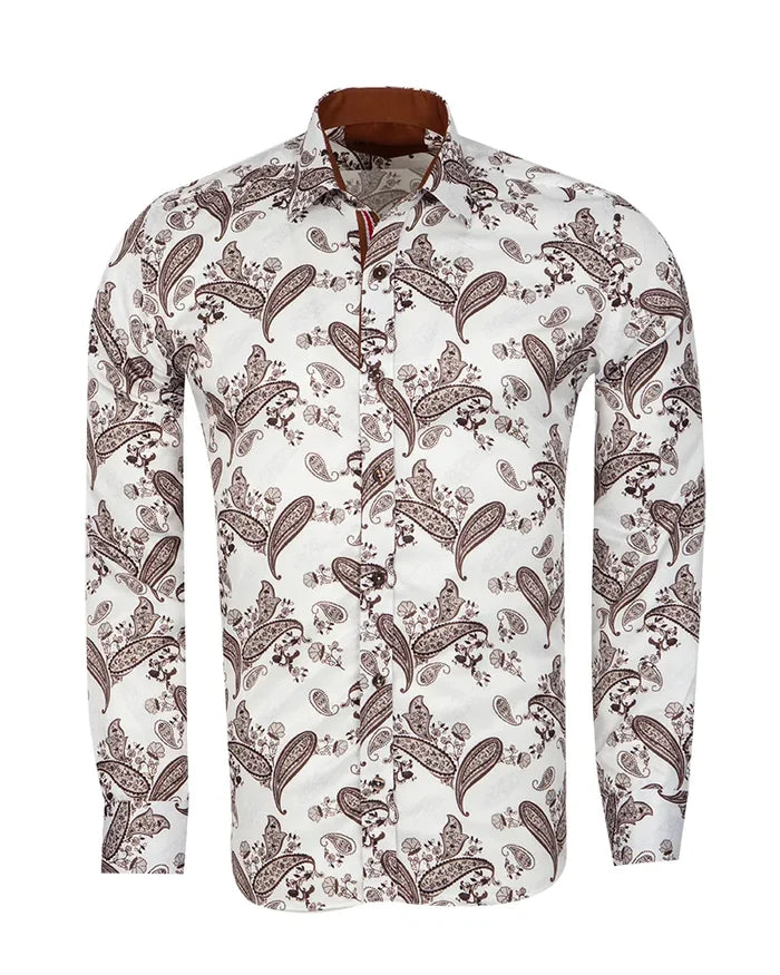 Brown Paisley Print Long Sleeve Shirt-Makrom