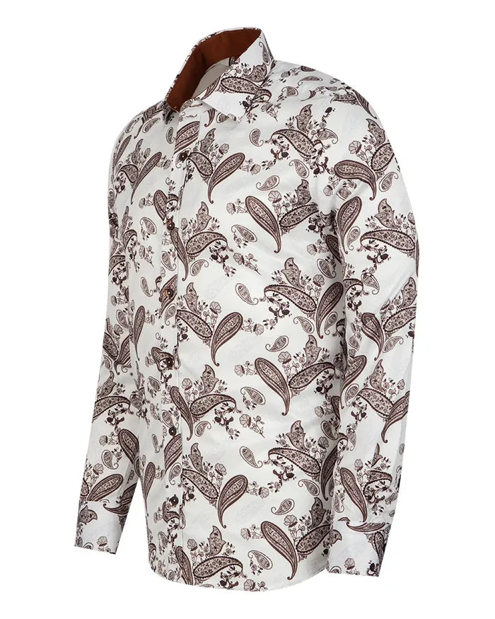 Brown Paisley Print Long Sleeve Shirt-Makrom