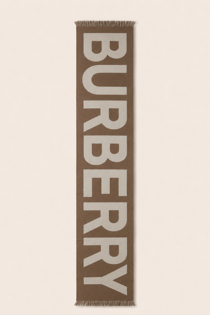 Burberry Brown & Beige Wool Logo Text Scarf