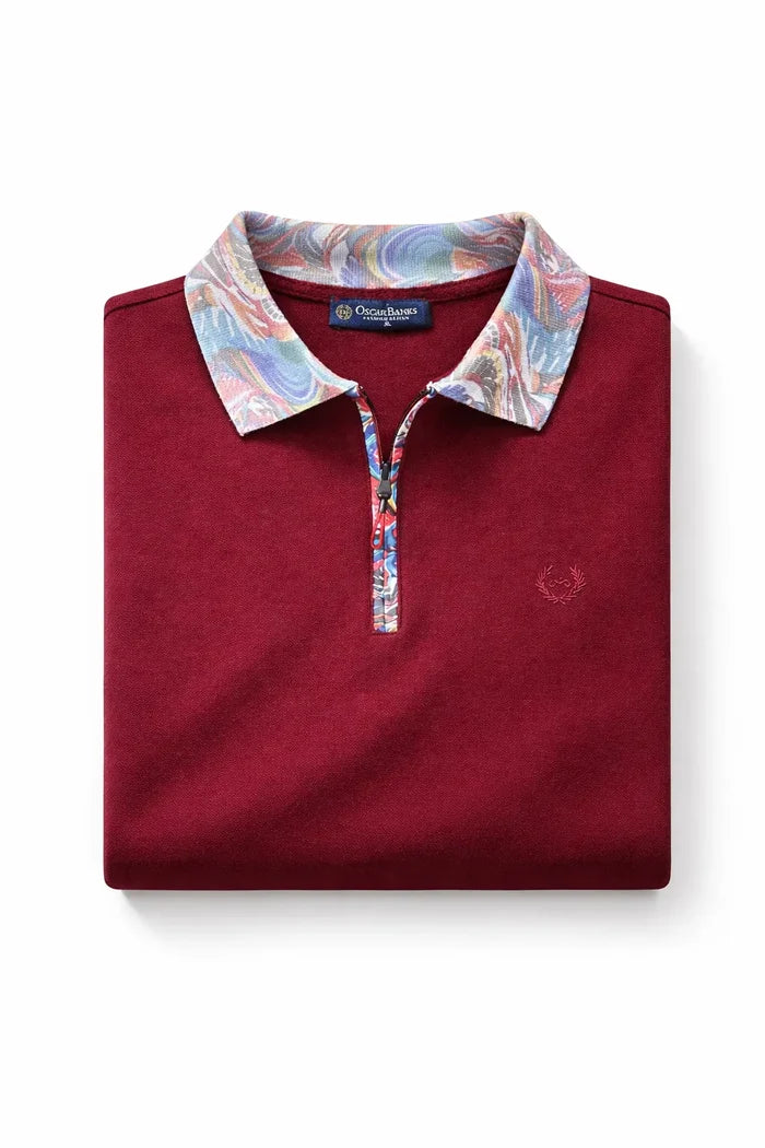 Burgundy Polo T-Shirt With Paisley Collar-Makrom