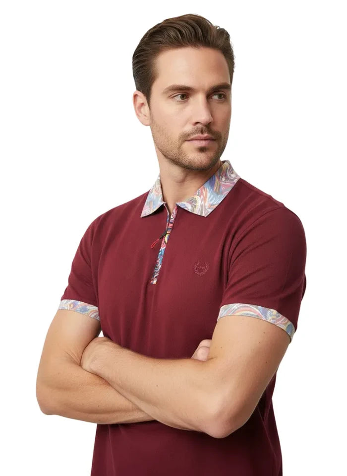 Burgundy Polo T-Shirt With Paisley Collar-Makrom