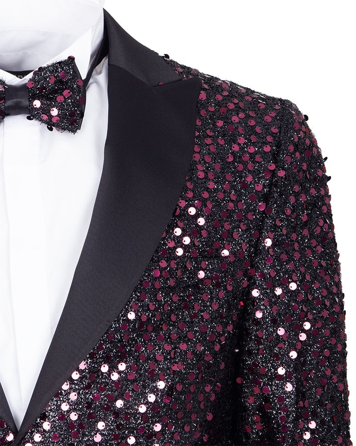 Burgundy Sequin Design Blazer with Matching Bow Tie-Makrom