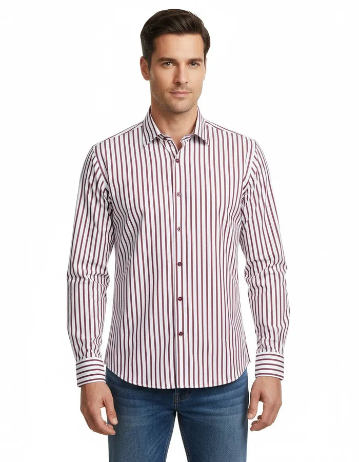 Burgundy Stripe Print Long Sleeve Shirt-Makrom
