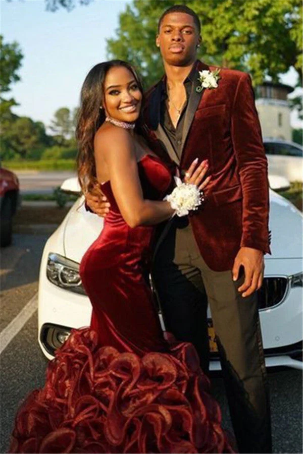 Burgundy Velvet Prom Tuxedo Jacket Pants