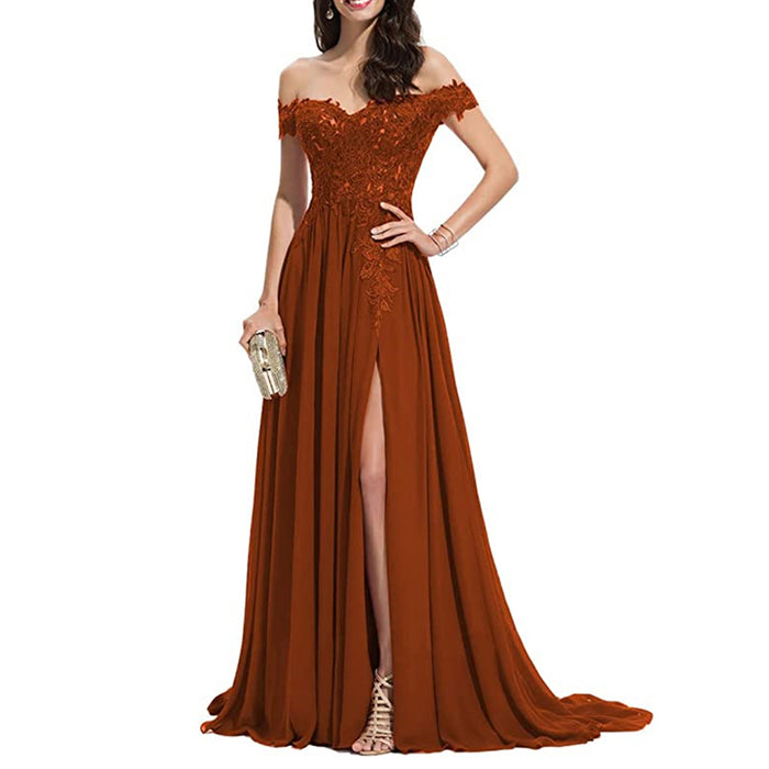 Burnt Orange Prom Dress 2023 Off the Shoulder with Slit Lace Appliques Corset Back