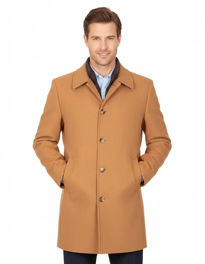 Camel Single-Breasted Overcoat with Removable Quilted Inner Layer-Makrom