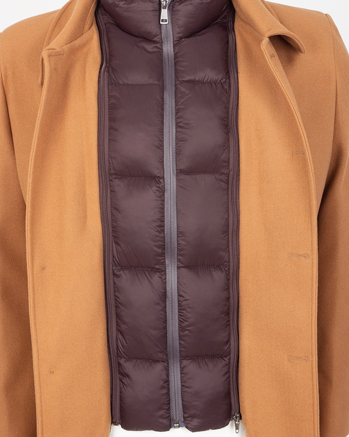 Camel Single-Breasted Overcoat with Removable Quilted Inner Layer-Makrom