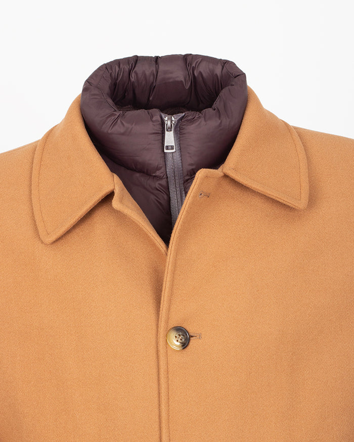 Camel Single-Breasted Overcoat with Removable Quilted Inner Layer-Makrom