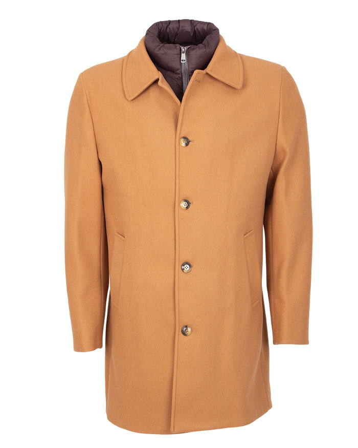 Camel Single-Breasted Overcoat with Removable Quilted Inner Layer-Makrom