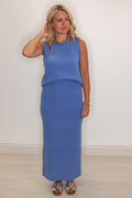 Women's blue sweater knit maxi skirt with matching sleeveless contrasting knit top by Wishlist