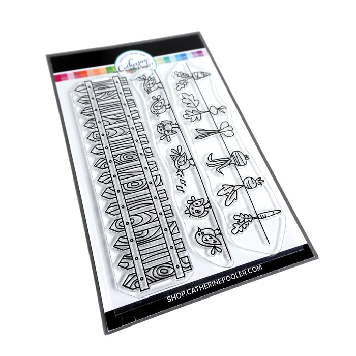 Catherine Pooler - Stamp - Backyard Borders. Color the images in the Backyard Borders Stamp Set as a focal point on your card, or use them as a subtle background. The Backyard Borders Stamp set includes a row of fence posts, singing birds, and planted veggies. Available at Away in Bowmanville Ontario Canada.