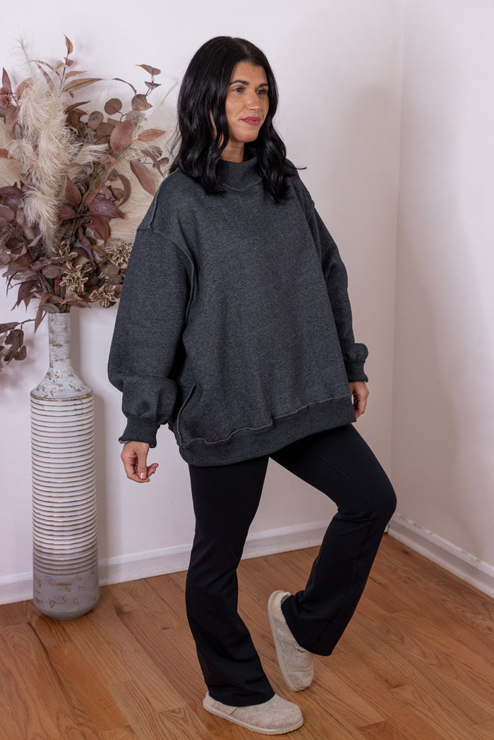 Women's charcoal reversible mock neck sweatshirt by Bucketlist showing full front angled view
