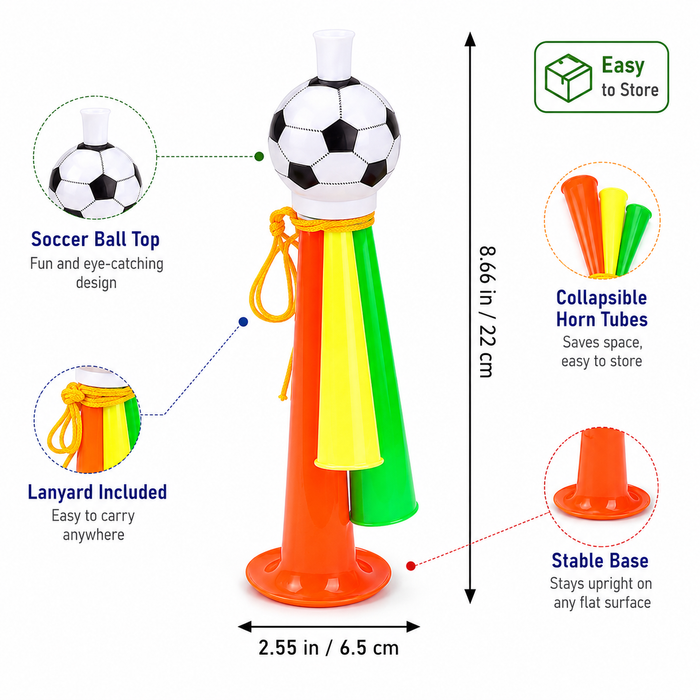 Collapsible football supporter horns with lanyards for easy carry at parties, carnivals and school spirit events for fans use