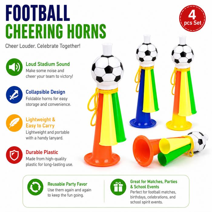 Lightweight plastic cheering horn set for soccer fans, party favors, tailgate themes and team support activities outdoors now