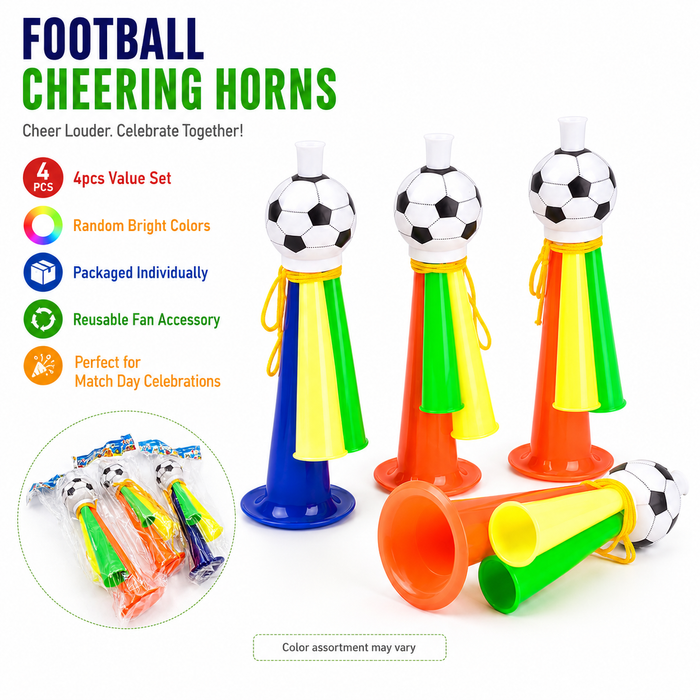 Random color football horn pack with bright segmented tubes for fan gatherings, birthday parties and sports celebrations fun!